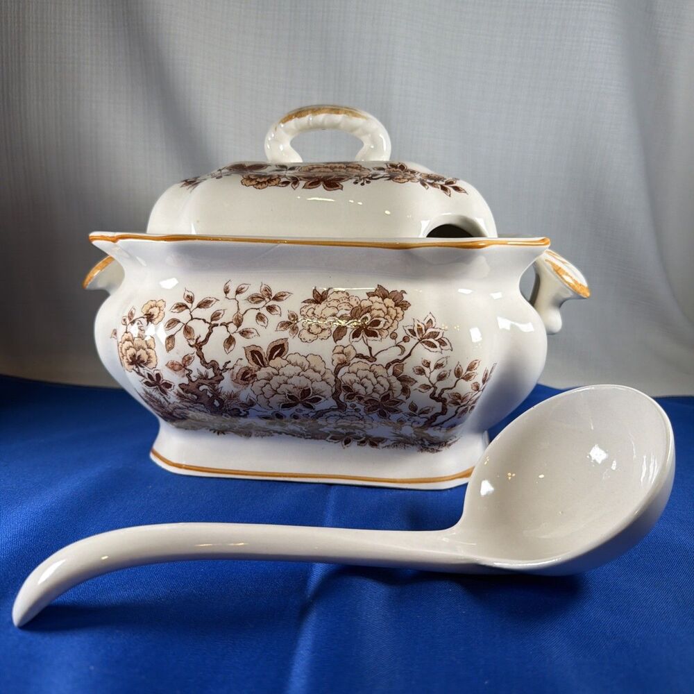 Vtg Soup Tureen Ladle Lid Brown Orange Floral Chintz Ceramic Japan Mid Century